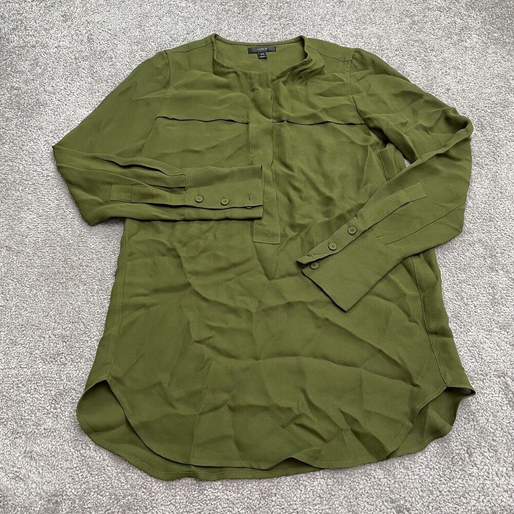 J.Crew Blouse Womens 00 Green Long Sleeve Half Button Up Viscose Work Casual Top